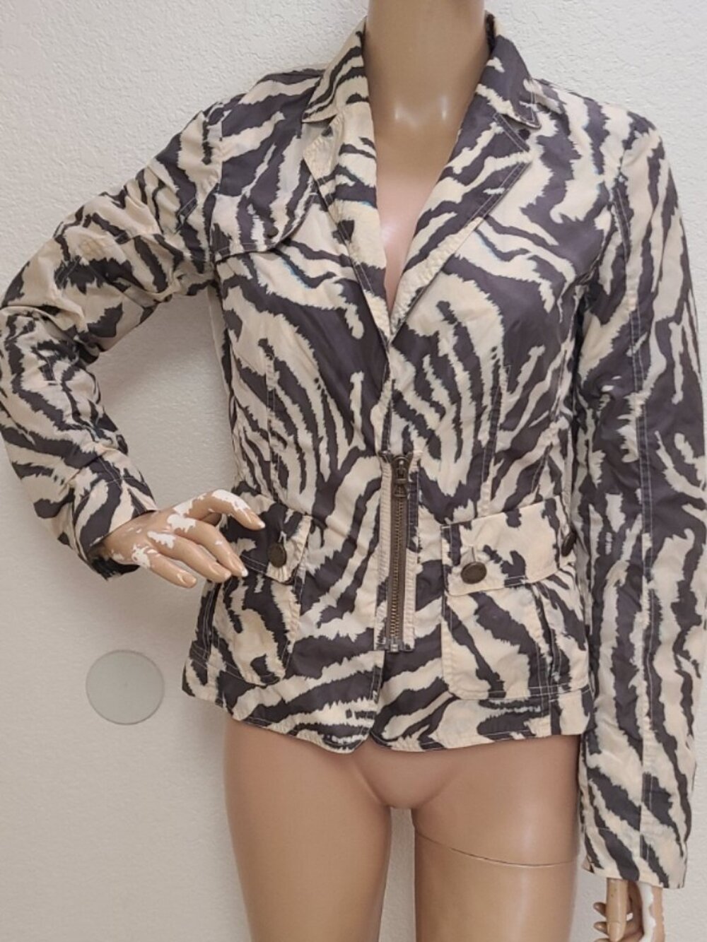 VINTAGE Laurèl Jeans Zebra Print Fitted Zip Front Blazer Shell Jacket sz 34